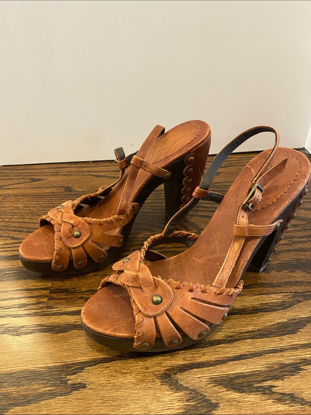 BCBGMaxAzria Tan Leather Braided Platform Slingback Heels with Studs